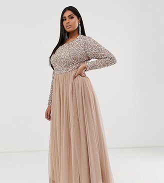 Bridesmaid long sleeve maxi tulle dress with tonal delicate sequin in muted blush