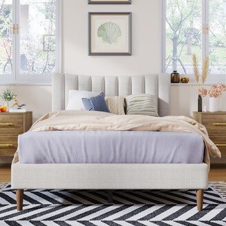 Calnod Cozy and Stylish: Cream Upholstered Platform Bed with Vertical Channel Tufted Headboard, Full, No Box Spring Needed