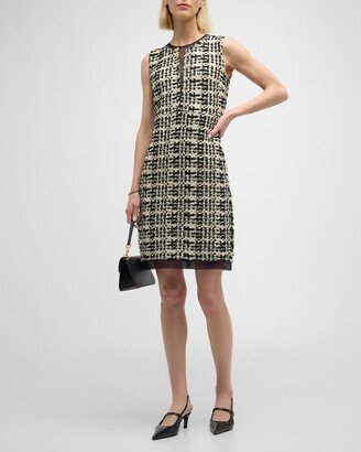 Sleeveless Organza-Trim Metallic Slub Paillette Plaid Knit Dress