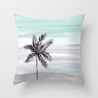 palm tree silhouette against a teal and grey sky Throw Pillow