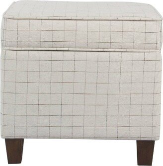 Wooden Square Ottoman with Grid Patterned Fabric Upholstery Beige/Brown