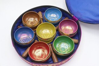 Colorful Chakra Symbol Singing Bowl Set Of 7 | 4 Inch, Comes With Mallets, Cushions & A Free Gift Box - Meditation, Sound Healing