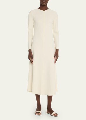 Bias-Cut High V-Neck Long-Sleeve Midi Dress