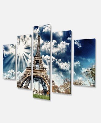 Designart Magnificent Paris Eiffel Towerview Skyline Photography Canvas Art - 60 X 32 - 5 Panels