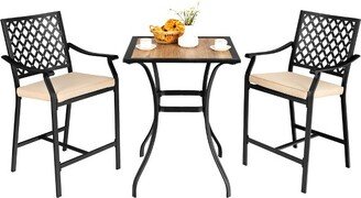 3 PCS Patio Bar Stool Square Table Bistro Set Cushioned Chairs Armrest