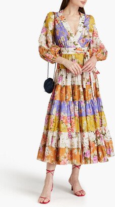 Gathered floral-print cotton midi wrap dress