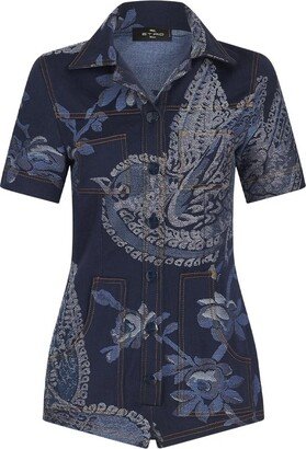 Bird Print Collared Button-Up Playsuit