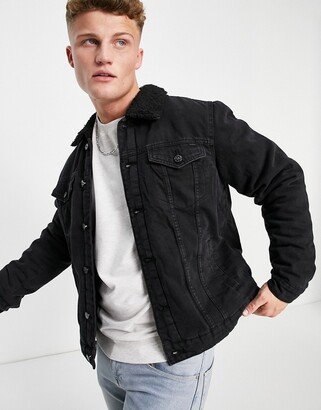 borg lined denim jacket in black