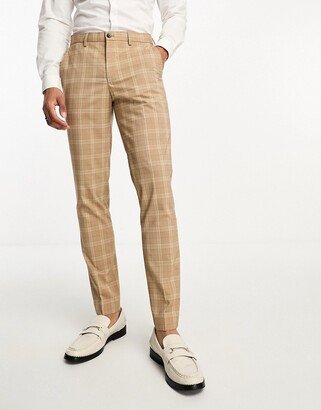 super slim fit suit pants in beige plaid