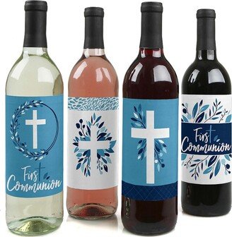 Big Dot Of Happiness First Communion Blue Elegant Cross - Party Decor Wine Bottle Label Stickers 4 Ct