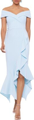 Off the Shoulder Ruffle Hem Crepe Gown