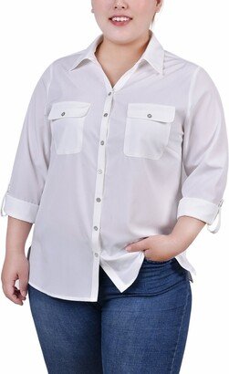 Plus Size 3/4 Roll Tab Blouse with Pockets