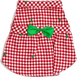 The Worthy Dog Flannel Check Plaid Ebroidered Trees Adjustable Pet Dress - Red/White - M