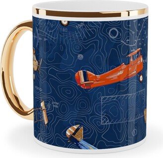 Mugs: Vintage Airplanes - Blue Ceramic Mug, Gold Handle, 11Oz, Blue