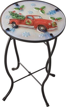 Collections Etc Christmas Vintage Red Truck Glass Top Accent Table