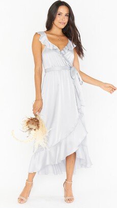 Samantha Ruffle Wrap Dress ~ Silver Luxe Satin