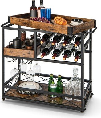 3-Tier Mobile Bar Serving Cart Liquor Storage Trolley with Removable Tray Wine Rack-AA