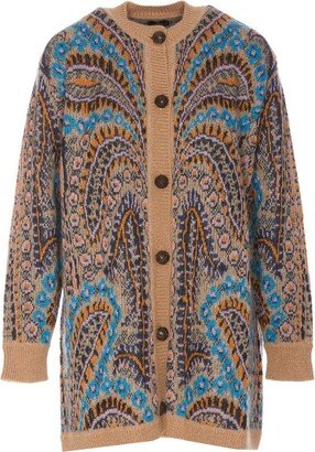 paisley Intarsia-Knit Crewneck Long-Sleeved Cardi-Coat