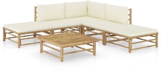 6 Piece Patio Lounge Set with Cream White Cushions Bamboo