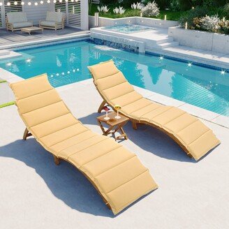 Outdoor Patio Wood Portable Extended Chaise Lounge Set with Foldable Tea Table