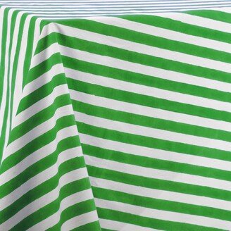 Kate Austin Designs Square Organic Cotton Table Cloth In Green And White Cabana Stripe Block Print