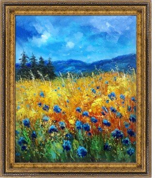 OVERSTOCK ART Cornflowers 45 by Pol Ledent Hand Painted Oil Reproduction in Black Crackle Frame, 20 x 24