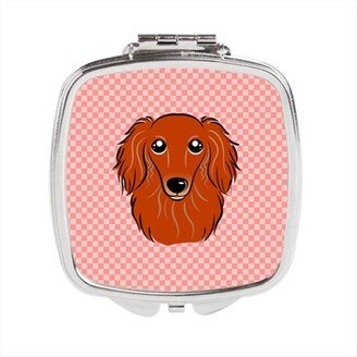 BB1214SCM Checkerboard Pink Longhair Red Dachshund Compact Mirror, 2.75 x 3 x .3 In.