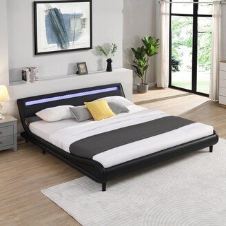 GEROJO LED-Lit Wave-Like Faux Leather Upholstered Platform Bed Frame, Strong Wood Slats, Easy Assembly