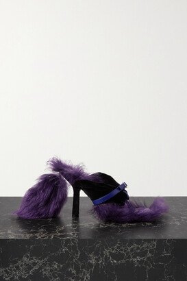 Faux Fur-trimmed Leather And Velvet Mules - Purple