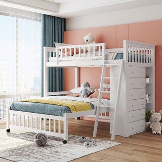 RASOO Wooden Twin over Full Bunk Bed Guardrail Kids' Beds with Six Drawers and Wheels