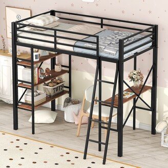 GREATPLANINC Twin Size Loft Bed with with Desk & Shelves, Industrial Metal Loft Bed