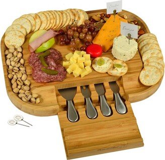 Large Bamboo Cheese Board with Cracker Groove & Integrated Drawer with 4 Piece Knife Set & Cheese Markers