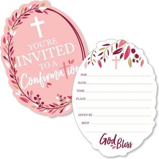 Big Dot of Happiness Confirmation Pink Elegant Cross - Shaped Fill-in Invitations - Girl Religious Party Invitation Cards with Envelopes - Set of 12