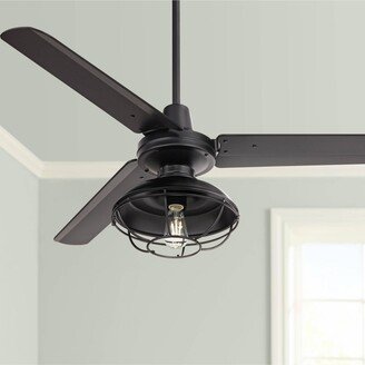 Casa Vieja 52 Plaza Industrial Modern 3 Blade Outdoor Ceiling Fan with Led Light Remote Control Matte Black Cage Damp Rated for Patio Exterior House Porch Gazeb
