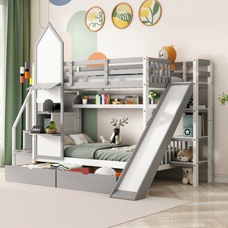 TiramisuBest Castle Style Bunk Bed with 2 Drawers 3 Shelves and Slide