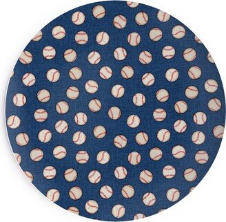 Salad Plates: Baseball Balls On Blue Linen Salad Plate, Blue