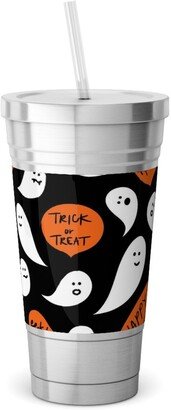 Travel Mugs: Halloween Ghosts Happy Halloween Stainless Tumbler With Straw, 18Oz, Black