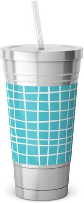 Travel Mugs: Wavy Grid Stainless Tumbler With Straw, 18Oz, Blue