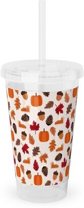 Travel Mugs: Autumn Leaves And Pumpkin Pie - Multi Acrylic Tumbler With Straw, 16Oz, Multicolor