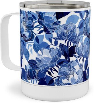 Travel Mugs: Chintz Peonies - Blue Stainless Steel Mug, 10Oz, Blue