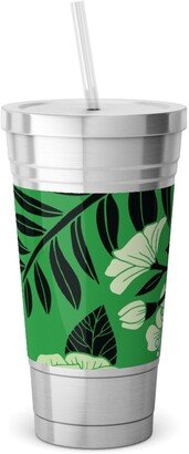 Travel Mugs: Green, Black & White Floral Pattern Stainless Tumbler With Straw, 18Oz, Green