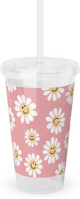 Travel Mugs: Smiley Daisy Flowers - Pink Acrylic Tumbler With Straw, 16Oz, Pink