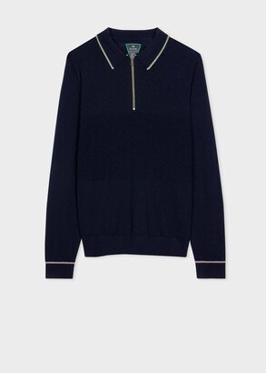 Navy Washable Merino Wool Zip-Neck Sweater