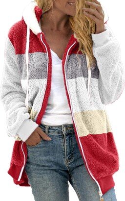 Generic Women's Fashion Casual Patchwork Hooded Zipper Pocket Plush Sweater Jacket Reversible Fleece (4-Watermelon Red