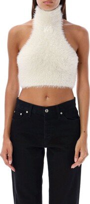 Furry Mock-Neck Logo Embroidered Cropped Top