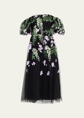 Off-Shoulder Embroidered Tulle Midi Dress