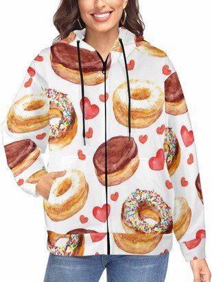 LOSARON Donut Cakes And Hearts Women's Oversized Sweaters Full-Zip Hooded Sweatshirt Zipper Drawstring Hooded Jackets Comfortable Hoodie 3XL