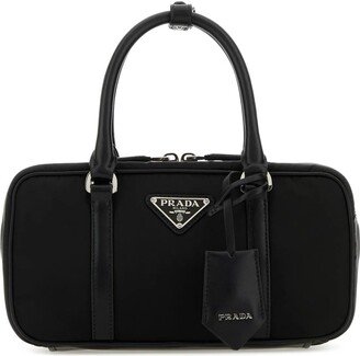 Black Re-nylon And Leather Handbag