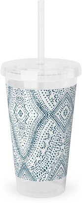 Travel Mugs: Tribal Dot - Navy Acrylic Tumbler With Straw, 16Oz, Blue