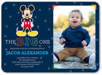 Baby Boy's 1St Birthday Invitations: Disney Mickey Mouse One Birthday Invitation, Blue, Matte, Signature Smooth Cardstock, Rounded